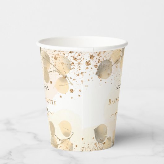 Bruidsfeest eucalyptus gouden glitters naam papieren bekers (Rechts)