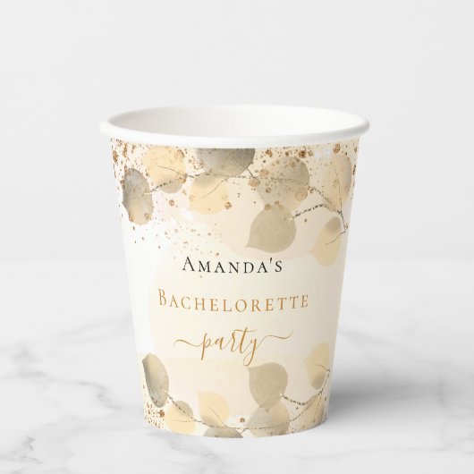 Bruidsfeest eucalyptus gouden glitters naam papieren bekers (Voorkant)