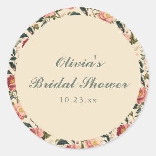 Bruidsfeest favor met vintage bloemen in ivoorkleu ronde sticker
