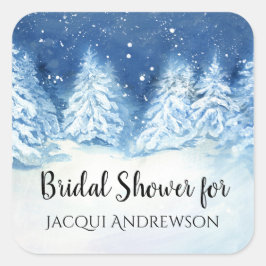 Bruidsfeest Favor Seal Winter Besneeuwd Bos Bomen Vierkante Sticker