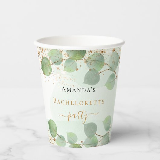 Bruidsfeest feest eucalyptus glitters monogram papieren bekers (Voorkant)