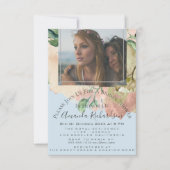 Bruidsfeest Foto Bloemige Verjaardag Blauw Perzik Kaart (Voorkant)