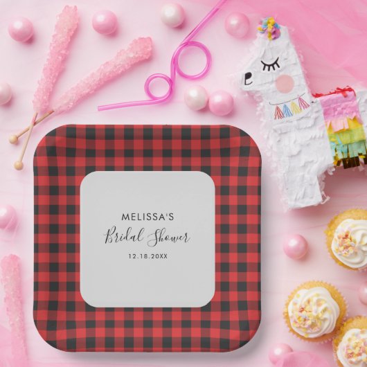 Bruidsfeest geruit Zwart Rood Buffalo geruit Rusti Papieren Bordje (Feest)