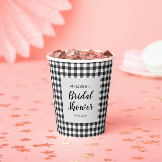 Bruidsfeest geruite zwart-wit Gingham Papieren Bekers (Insitu)