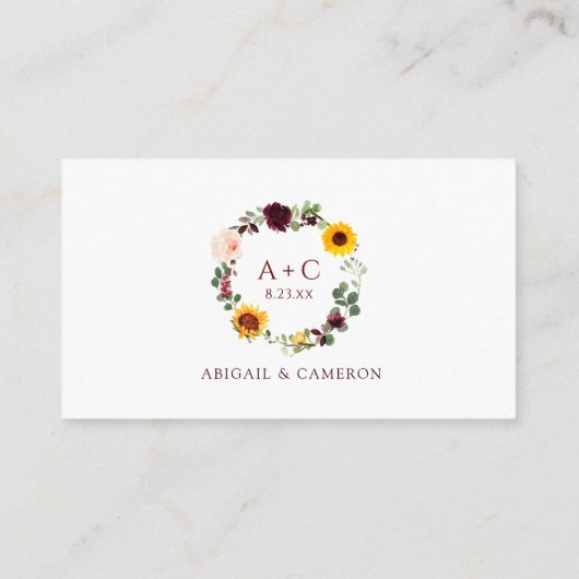 Bruidsfeest gokspel zonnebloemen rozen informatiekaartje (Achterkant)