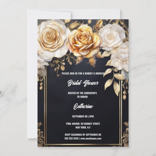 Bruidsfeest goud zwart roos bloem bloemrijk chic kaart (Voorkant)