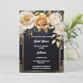 Bruidsfeest goud zwart roos bloem bloemrijk chic kaart (Staand voorkant)