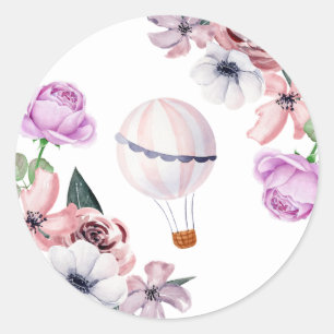 Bruidsfeest met varend bloemendekor hete-luchtball ronde sticker