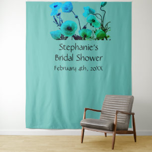 Bruidsfeest Monogram Naam Bloem Neon Blauw Turquoi Wandkleed