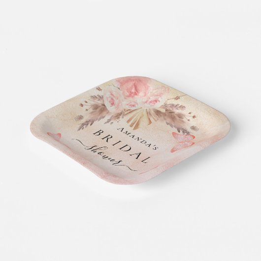 Bruidsfeest pampasgras roos bloem vlinders papieren bordje (Gebogen)