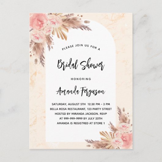 Bruidsfeest pampasgras roze goud bloemstukken uitnodiging briefkaart (Voorkant)