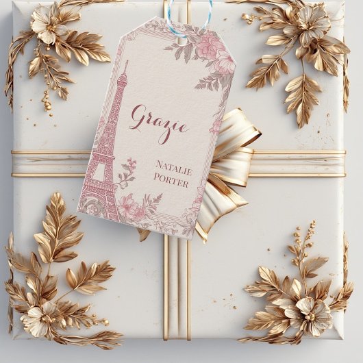 Bruidsfeest Paris Eiffeltoren Pastelroze Flora Cadeaulabel