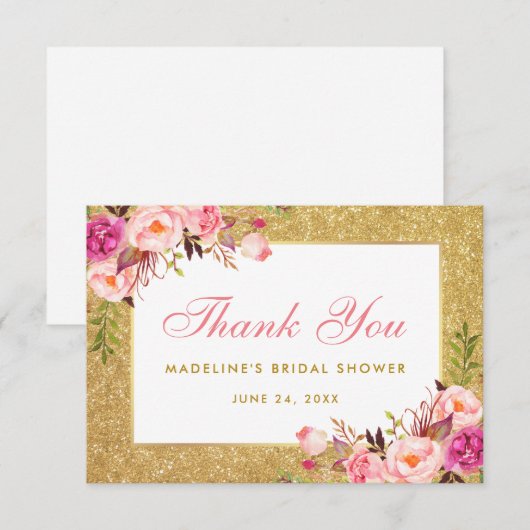 Bruidsfeest Roze Bloem Goud Glitter Bedankt (Voorkant / Achterkant)