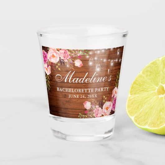 Bruidsfeest Roze Bloem Houten Lichtjes Shot Glas (Voorkant)