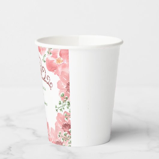 Bruidsfeest Roze Glitter Kroon Rozen Groene Blader Papieren Bekers (Links)