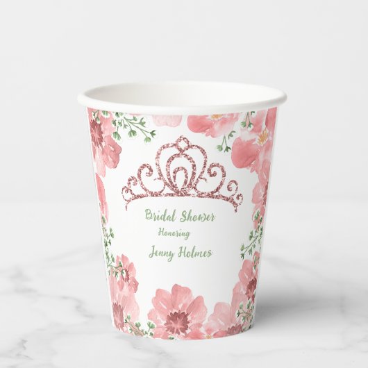 Bruidsfeest Roze Glitter Kroon Rozen Groene Blader Papieren Bekers (Voorkant)