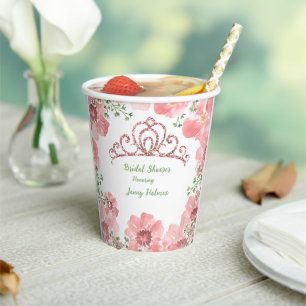 Bruidsfeest Roze Glitter Kroon Rozen Groene takken Papieren Bekers