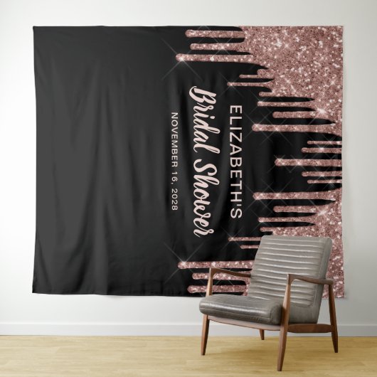 Bruidsfeest Roze Goud Glitter Persoonlijke Zwarte Wandkleed (In Situ (horizontaal))