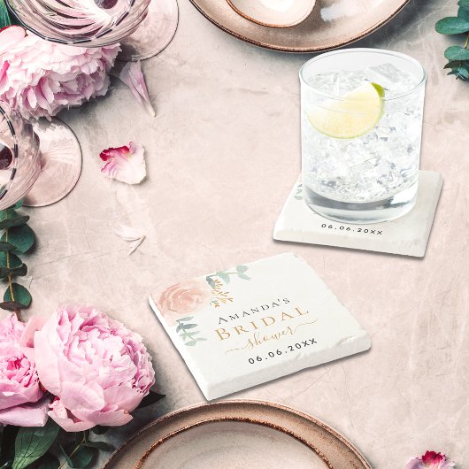 Bruidsfeest roze gouden bloemige eucalyptus monogr stenen onderzetter