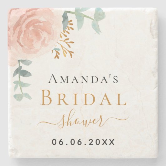 Bruidsfeest roze gouden bloemige eucalyptus monogr stenen onderzetter (Voorkant)