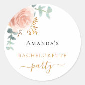 Bruidsfeest roze gouden bloemige eucalyptus ronde sticker (Voorkant)