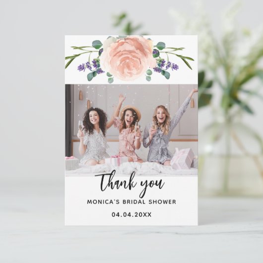 Bruidsfeest roze gouden lavendel bloemige foto bedankkaart (Staand voorkant)