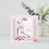 Bruidsfeest Roze Roos Witte Kant Hoge Hak Kaart (Staand voorkant)