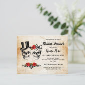 Bruidsfeest schedels rozen rustieke strik briefkaart (Staand voorkant)