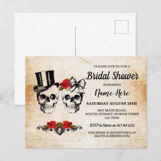 Bruidsfeest schedels rozen rustieke strik briefkaart (Voorkant / Achterkant)