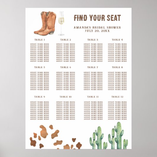 Bruidsfeest seating chart met laarzen en bubbels poster (Voorkant)