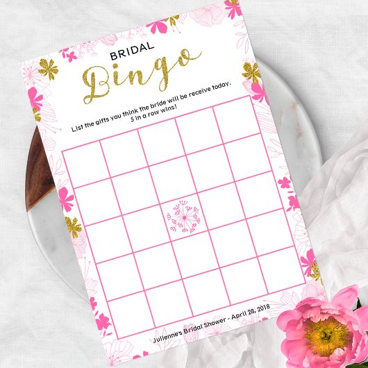 Bruidsfeest spel Bingo | Delicate Roze Bloemen Kaart