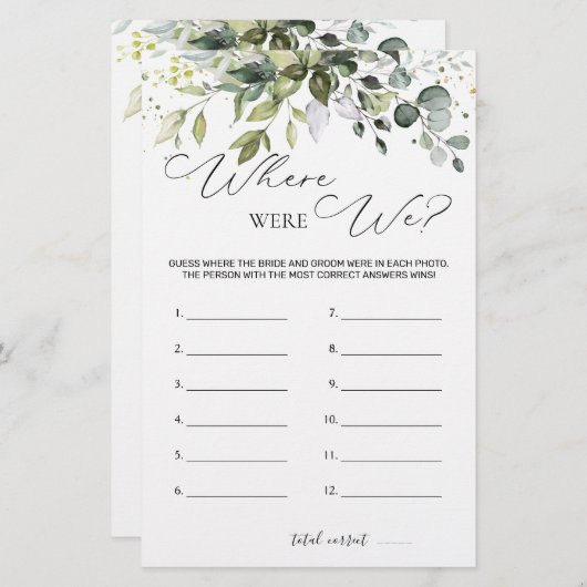 Bruidsfeest spel groen waar waren we briefpapier (Voorkant / Achterkant)