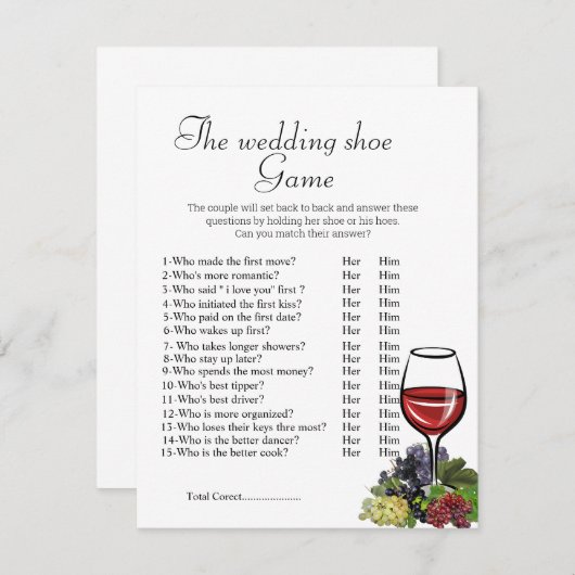 Bruidsfeest spel, het bruidsschoen spel,  kaart (Voorkant / Achterkant)