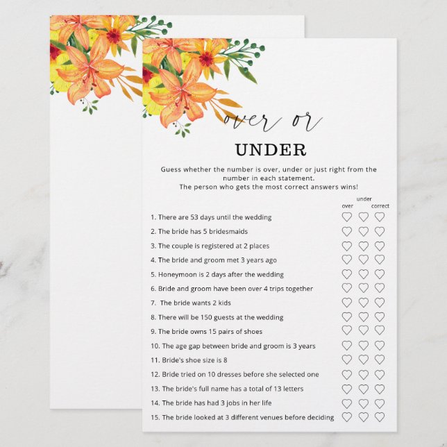 Bruidsfeest spel met bloemendecoratie: over of ond (Voorkant / Achterkant)