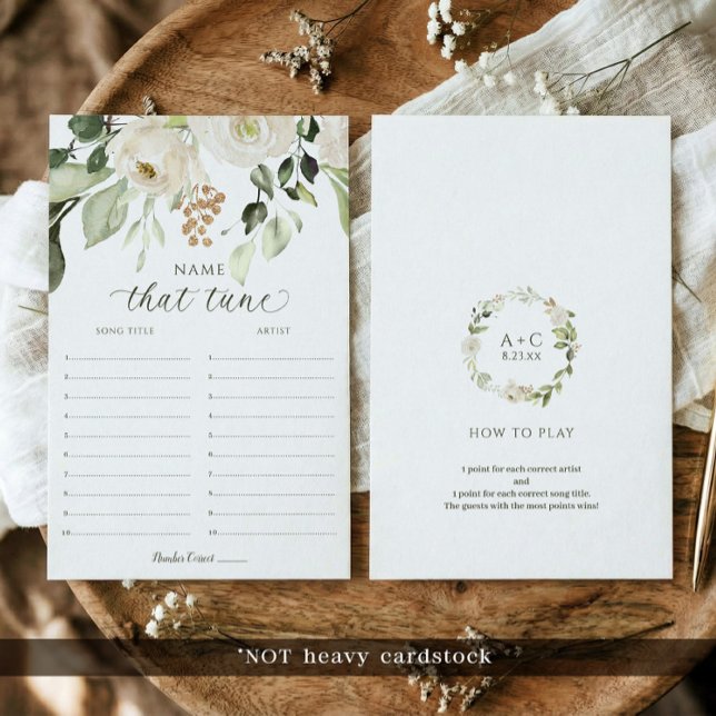 Bruidsfeest spel Naam die deun Witte bloemen (Bridal shower name that tune game card with watercolor floral greenery botanical design)