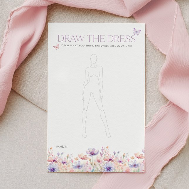 Bruidsfeest spel Raad de jurk Vlinders (Draw the dress! Bridal Shower Game in a pastel wildflower butterfly theme)