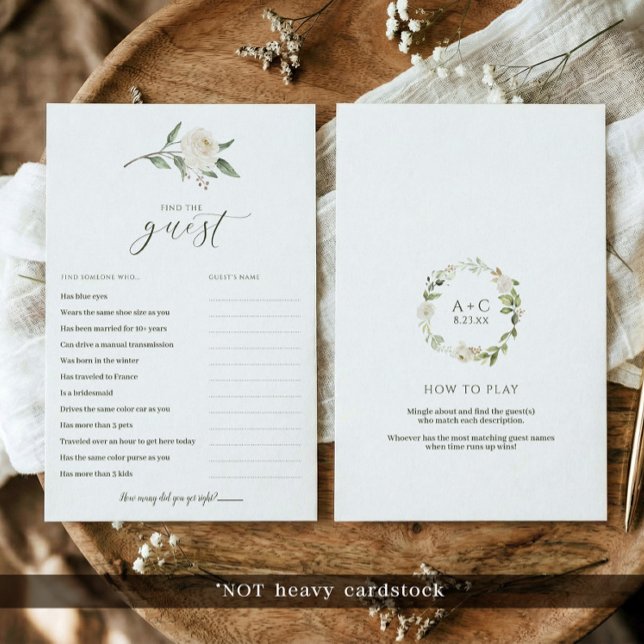 Bruidsfeest spel - Vind de gast Wit bloemmotief (Printed bridal shower games - find the guest icebreaker game - white floral greenery.)