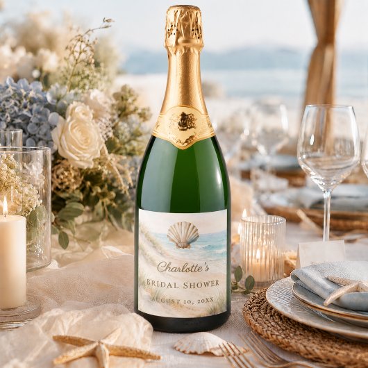 Bruidsfeest strand kust zeeschelp sparkling wijnetiket