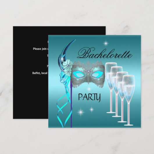 Bruidsfeest Teal Blauwe Masker Champagne Kaart (Voorkant / Achterkant)