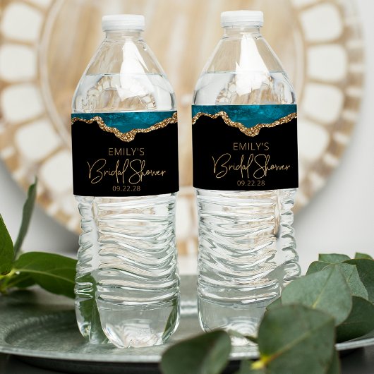 Bruidsfeest Teal Goud Agate Waterfles Etiket