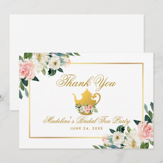 Bruidsfeest Theepartij Roze Bloemen Goud Bedankt (Voorkant / Achterkant)