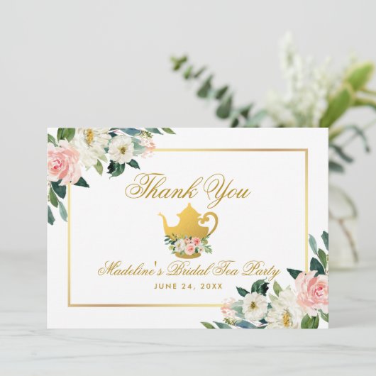 Bruidsfeest Theepartij Roze Bloemen Gouden Dankjew Bedankkaart (Staand voorkant)
