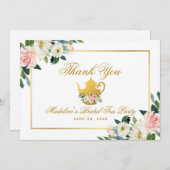Bruidsfeest Theepartij Roze Bloemen Gouden Dankjew Bedankkaart (Voorkant / Achterkant)