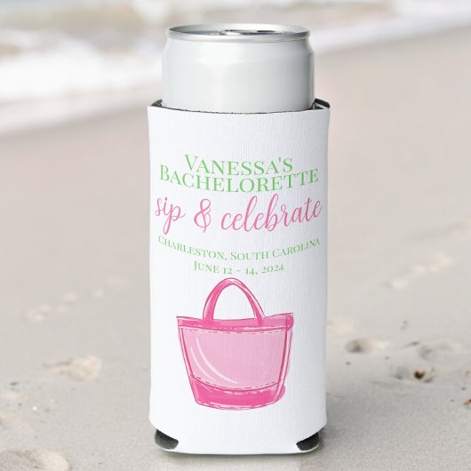 Bruidsfeest Tote met "Sip & Celebrate" Roze Favori Seltzer Blikjeskoeler