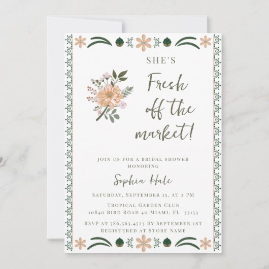 Bruidsfeest uitnodiging 'Fresh Off the Market' (Voorkant)