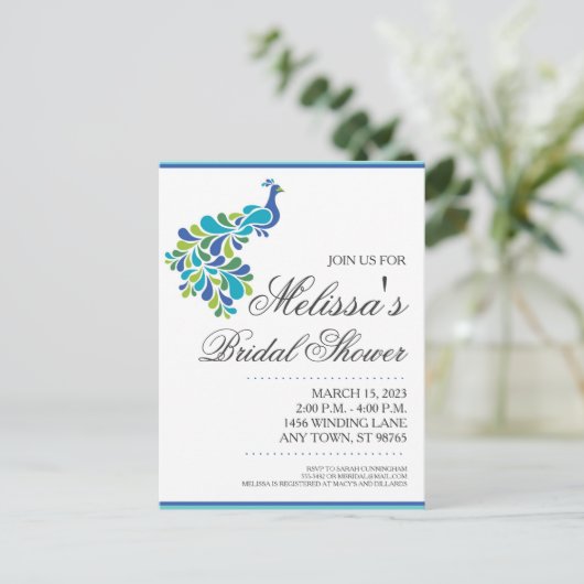 Bruidsfeest uitnodiging met pauw (Staand voorkant)