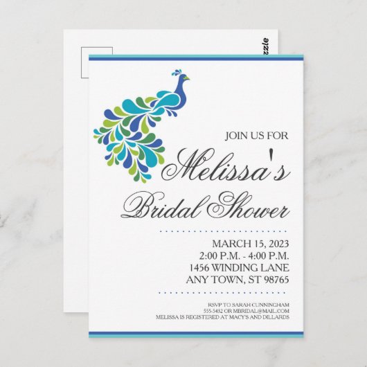 Bruidsfeest uitnodiging met pauw (Voorkant / Achterkant)