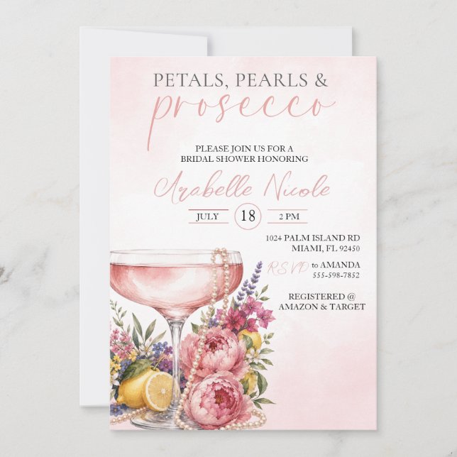 Bruidsfeest Uitnodiging Petals, Pearls & Prosecco (Voorkant)
