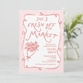 Bruidsfeest uitnodiging rood 'Fresh off the Market (Staand voorkant)