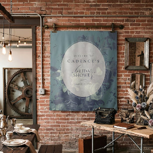 Bruidsfeest verwelkomingsbord met vintage landelij wandkleed